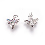 Brass Micro Pave Cubic Zirconia Charms, Bees, Colorful, Platinum, 13.5x14~14.5x3.5mm, Hole: 3mm(ZIRC-E161-20P)
