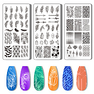 Stainless Steel DIY Nail Art Templates, Template Tool, Rectangle, Feather, 12x6cm, 3pcs/set(MRMJ-WH0092-019)