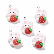 Resin Pendants, with Platinum Iron Findings, Cute, Rabbit with Strawberry, White, 27x20x8mm, Hole: 2mm(RESI-M026-08)