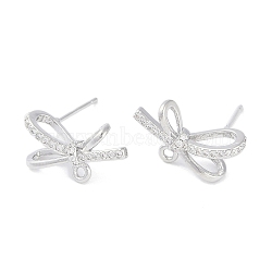 Left and Right Brass Pave Clear Cubic Zirconia Stud Earring Findings, with Loop, Bowknot, Platinum, 11x17mm, Hole: 1.4mm, Pin: 0.5mm(KK-F875-02P)