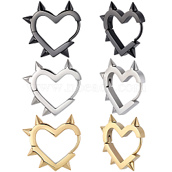 6Pcs 3 Colors Stainless Steel Hoop Earrings, Heart with Rivet, Mixed Color, 20x20x3mm, 2pcs/color(EJEW-BBC0001-88)