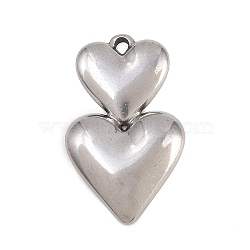 304 Stainless Steel Pendants, Double Puffed Heart Heart Charm, Stainless Steel Color, 22.5x13.5x2.5mm, Hole: 1.4mm(STAS-D264-06F-P)