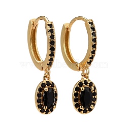 Black Cubic Zirconia Oval Dangle Huggie Hoop Earrings, Brass Drop Earrings for Women, Lead Free & Cadmium Free & Nickel Free, Real 18K Gold Plated, 22.5mm, Pin: 0.8mm(EJEW-C012-02)