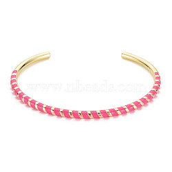 Twisted Brass Enamel Cuff Bangle, Real 18K Gold Plated Open Bangle for Women, Nickel Free, Deep Pink, Inner Diameter: 2-3/8 inch(5.95cm)(X-BJEW-T020-02D-NF)