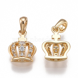 Brass Cubic Zirconia Charms, Crown, Clear, Nickel Free, Real 18K Gold Plated, 11x9x3mm, Hole: 2x3mm(KK-T038-203G)
