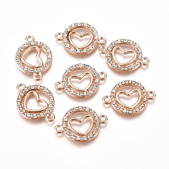 Alloy Links Connectors, with Crystal Rhinestone, Flat Round with Heart, Golden, 15x21x2mm, Hole: 1.5mm