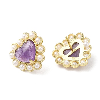 Natural Amethyst Heart Stud Earrings with Plastic Pearl Beaded, Real 14K Gold Plated Brass Jewelry, 16.5x17.5mm