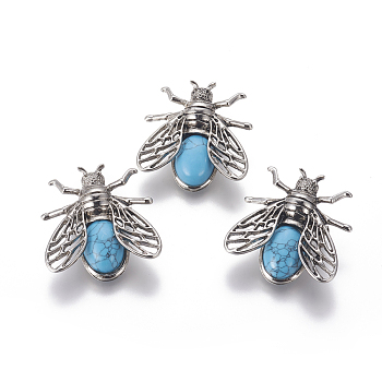 Synthetic Turquoise Brooches, with Brass Findings, Cicada, Antique Silver, 38x36x8mm, Pin: 0.6mm
