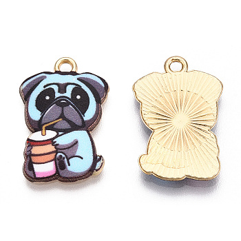 Printed Alloy Pendants, Light Gold, Have Drink, Dog Charms, Light Sky Blue, 22.5x15x1.5mm, Hole: 1.6mm