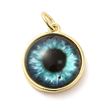 Real 18K Gold Plated Brass Pendants, with Acrylic and Jump Ring, Flat Round with Evil Eye Charms, Pale Turquoise, 16x14x5.5mm, Hole: 3.4mm