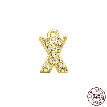 Real 18K Gold Plated 925 Sterling Silver Micro Pave Clear Cubic Zirconia Charms, Initial Letter, Letter X, 9x5x1mm, Hole: 0.9mm