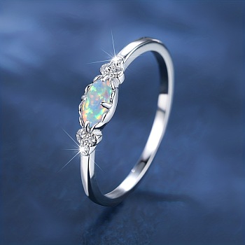 Alloy Finger Rings, with Brass Micro Pave Cubic Zirconia and Opal Finding, Oval, US Size 8(18.1mm)