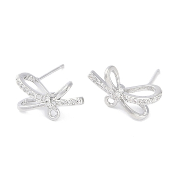 Left and Right Brass Pave Clear Cubic Zirconia Stud Earring Findings, with Loop, Bowknot, Platinum, 11x17mm, Hole: 1.4mm, Pin: 0.5mm