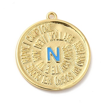 Rack Plating Brass Enamel Pendant, Lead Free & Cadmium Free, Long-Lasting Plated, Flat Round with Letter N Charm, Real 18K Gold Plated, 22x20x1.5mm, Hole: 1.2mm