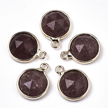 Natural Strawberry Quartz Charms, with Light Gold Plated Brass Edge and Loop, Half Round/Dome, Faceted, 14x11x5mm, Hole: 1.5mm