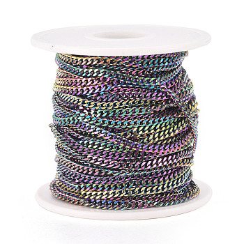 Ion Plating(IP) 304 Stainless Steel Twisted Chains, Curb Chains, Unwelded, with Spool, Rainbow Color, bout 32.8 Feet(10m)/roll, 4.0x3x1mm, 66x61mm