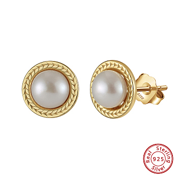 925 Sterling Silver Flat Round Stud Earrings, with Natural Pearl, with S925 Stamp, Real 14K Gold Plated, 9.5mm
