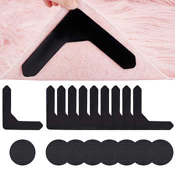 AHADEMAKER 10Pcs Double Sided Self Adhesive Hook and Loop Tapes, and 8Pcs Self Adhesive Non Slip Carpet Stickers, Black, Flat Round: 60x2.5mm, L-shape: 126x126x2mm