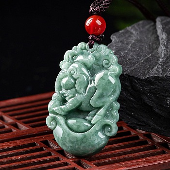 Natural Jadeite Pendant Necklaces, with Resin Bead and Wax Rope, the 12 Chinese Zodiac, Pig, 27.17 inch(69cm), Pendant: 33.5x22.5mm