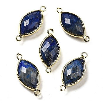 Natural Lapis Lazuli Faceted Connector Charms, Rack Plating Brass Horse Eye Links, Golden, 25x11.5x5.5mm, Hole: 1.6mm
