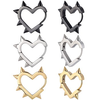6Pcs 3 Colors Stainless Steel Hoop Earrings, Heart with Rivet, Mixed Color, 20x20x3mm, 2pcs/color