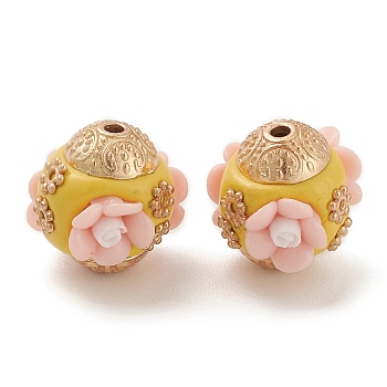 Handmade Indonesia Beads, with Alloy Findings and Resin, Rondelle with Flower, Pink, 16x16.5x16mm, Hole: 1.8mm