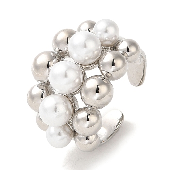 Rack Plating Brass Cuff Rings, with Plastic Pearl, Long-Lasting Plated, Lead Free & Cadmium Free, Platinum, Adjustable
