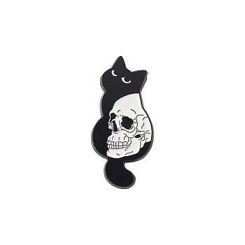 Cat Theme Enamel Pin, Black Tone Alloy Badge for Backpack Clothes, Skull, 27x10mm