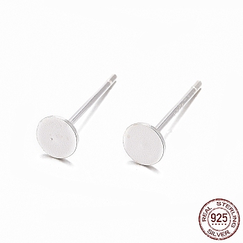 925 Sterling Silver Flat Pad  Stud Earring Findings, Earring Posts with 925 Stamp, Silver, tray: 4mm, 11.5mm, Pin: 0.8mm