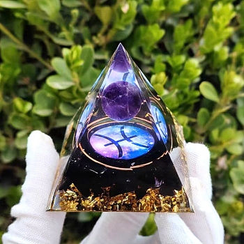 Orgonite Pyramid Resin Energy Generators, Reiki Natural Amethyst & Natural Obsidian Chips Inside for Home Office Desk Decoration, Pisces, 50mm