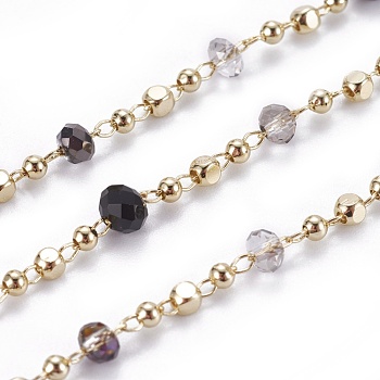 Handmade Glass Beaded Chains, Soldered, with Brass Chains and Beads, Long-Lasting Plated, with Spool, Faceted Rondelle, Real 18K Gold Plated, Black, 1.5x1.5x1.5mm, about 32.8 Feet(10m)/roll