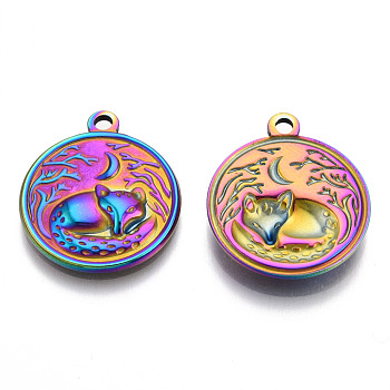 201 Stainless Steel Pendants, Flat Round with Fox Charm, Rainbow Color, 23.5x20.5x3mm, Hole: 2mm