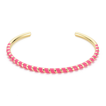 Twisted Brass Enamel Cuff Bangle, Real 18K Gold Plated Open Bangle for Women, Nickel Free, Deep Pink, Inner Diameter: 2-3/8 inch(5.95cm)