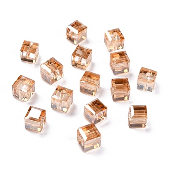 Electroplate Transparent Glass Beads, Faceted Cube, Rainbow Plated, Sandy Brown, 6x6x6mm, Hole: 1.8mm
