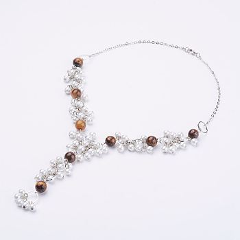 Natural Tiger Eye Beaded Necklaces, with Glass Pearl Beads and Brass Lobster Claw Clasps, 19.68 inch(50cm)