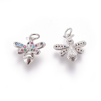 Brass Micro Pave Cubic Zirconia Charms, Bees, Colorful, Platinum, 13.5x14~14.5x3.5mm, Hole: 3mm