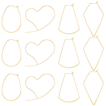16Pcs 4 Style Heart & Egg & Polygon & Fan Brass Hoop Earrings Findings, Wine Glass Charm Rings, Real 14K Gold Plated, 18 Gauge, 41~50.5x29.5~36x1mm, Pin: 0.75~0.8mm, 4Pcs/style