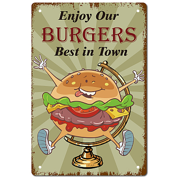 Tinplate Sign Poster, Vertical, for Home Wall Decoration, Rectangle with Word Enjoy Our Burgers Best in Town, Hamburger Pattern, 300x200x0.5mm