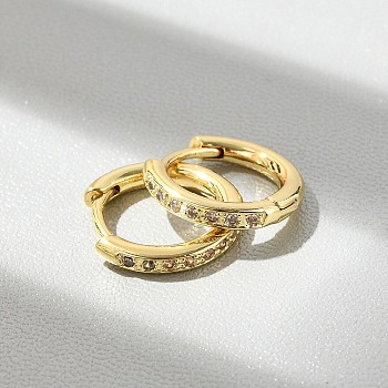 Brass Micro Pave Clear Cubic Zirconia Hoop Earrings, Lead Free & Cadmium Free, Long-Lasting Plated, Real 18K Gold Plated, 13.5x14.5x2.2mm