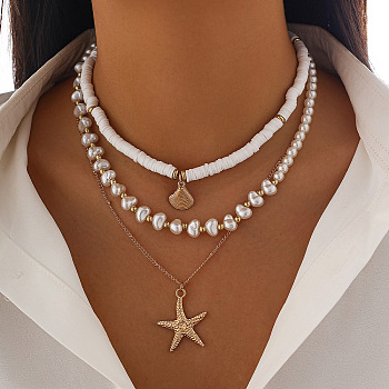 Shell Shape & Starfish Alloy & Plastic Pearl & Polymer Clay Pendant 3 Layered Necklaces for Women, White, Iron Chain Necklaces, Golden, 14.57~18.11 inch(37~46cm)