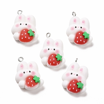 Resin Pendants, with Platinum Iron Findings, Cute, Rabbit with Strawberry, White, 27x20x8mm, Hole: 2mm