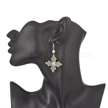 Glass Seed Beaded Cross Fleury Dangle Earrings with Round Shell Pearl(EJEW-MZ00033)-3