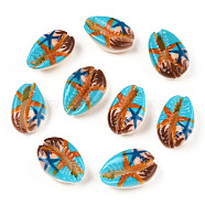 Printed Cowrie Shell Beads, No Hole/Undrilled, Starfish/Sea Stars Pattern, Colorful, 17.5~21.5x12~14.5x5.5~7.5mm(SSHEL-T013-01C)