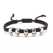 Skull Alloy Braided Bead Bracelet, Halloween Adjustable Bracelet for Women, Antique Silver, Inner Diameter: 2-3/8~3-3/8 inch(5.9~8.7cm)(BJEW-JB07861-02)