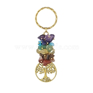 Chakra Natural Gemstone Chip Pendant Keychain, with Iron Findings and Alloy Pendants, Flat Round, Tree of Life Pattern, 8.45cm, Pendant: 28.5x25x1.5mm(KEYC-JKC00414-03)