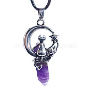 Natural Amethyst Pointed Faceted Bullet Pendants, Moon with Cat Charms, with Platinum Plated Alloy Findings, 50x22.5x17mm(FIND-PW0010-02-41)