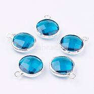 Silver Color Plated Brass Glass Flat Round Charms, Faceted, Marine Blue, 12x8.5x3mm, Hole: 1.5mm(GLAA-M003-A-30S)