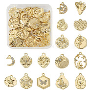 32pcs 16 style Alloy Pendants, Flat Round with Rose & Moon & Star & Horse Eye, Golden, 15~27x10~20.5x2~4mm, Hole: 1.6~2.2mm, 2pcs/style(FIND-TA0001-73)