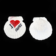 Printed Natural Freshwater Shell Big Pendants, Shell Charm, Red, Heart Pattern, 55~75x52~70x6~8mm, Hole: 1.4mm(SHEL-N032-235-08)