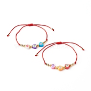 Adjustable Nylon Thread Braided Bracelets, with Polymer Clay Heart Bead and Brass Spacer Beads, Colorful, Red, Inner Diameter: 3/4~3-3/4 inch(1.8~9.5cm)(BJEW-JB06349-02)